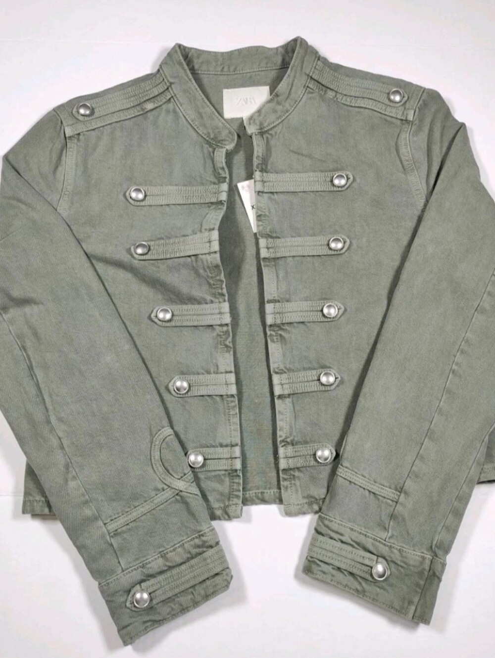 NWT Zara Women Green Fitted Button Cotton Cropped Jacket Size XL